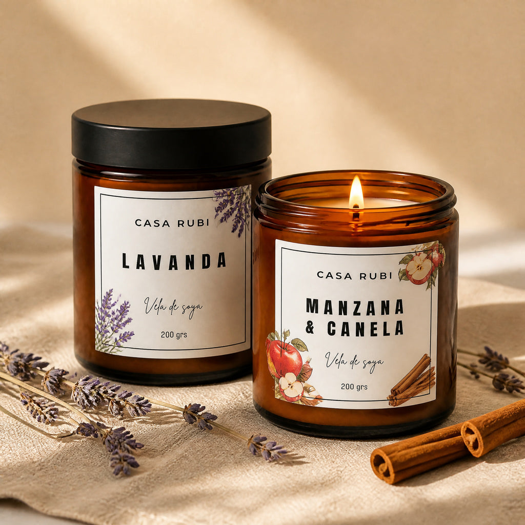 Kit velas aromáticas de soya Casa Rubí 7 oz y 3.5 oz — frascos ámbar con tapa negra mate, hecho a mano en México