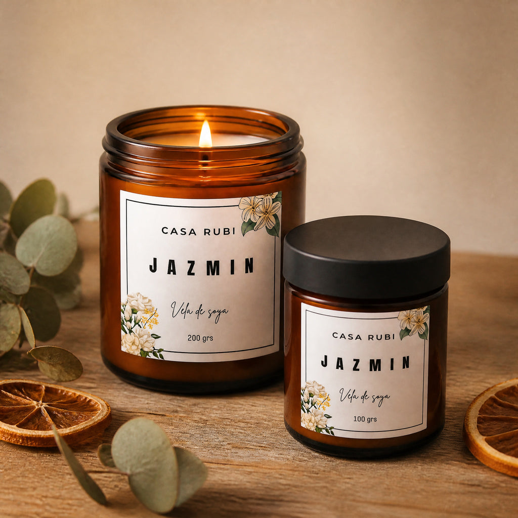 Kit 2 velas aromáticas de soya Casa Rubí 3.5 oz — frascos ámbar con tapa negra mate, hecho a mano en México