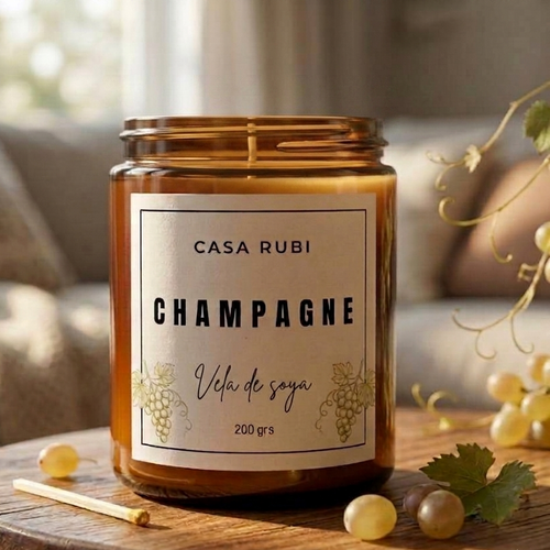 Vela aromática de soya Casa Rubí Champagne — frasco ámbar con tapa negra mate, hecha a mano en México