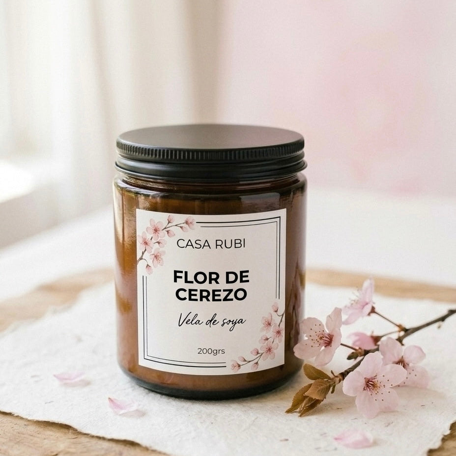 Vela aromática de soya Casa Rubí Flor de Cerezo — frasco ámbar con tapa negra mate, hecha a mano en México