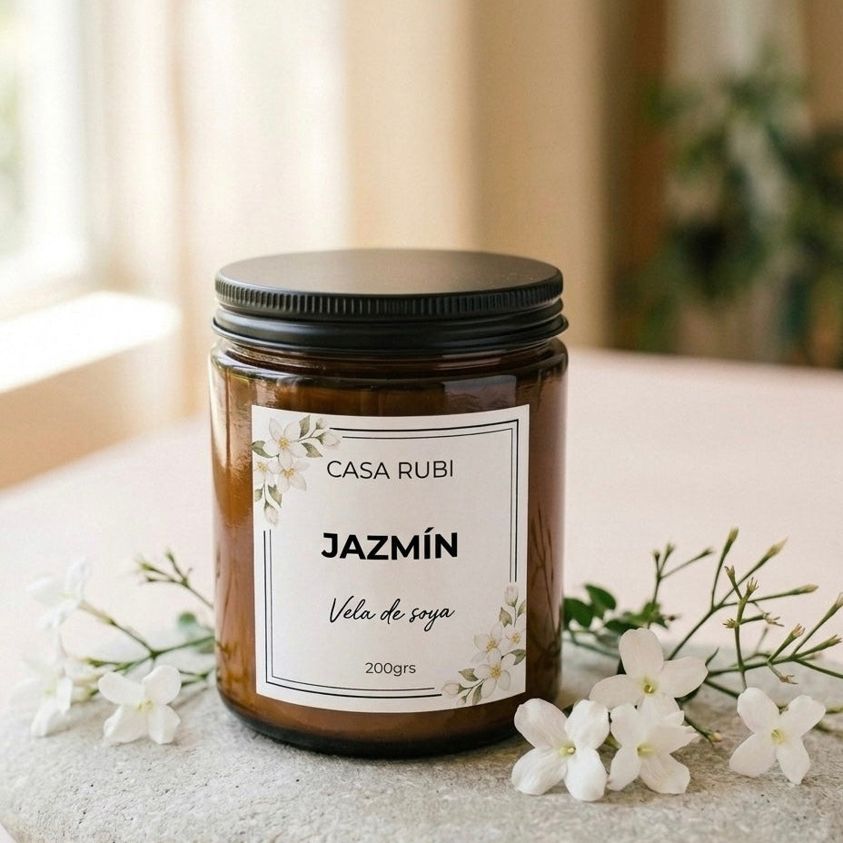 Vela aromática de soya Casa Rubí Jazmín — frasco ámbar con tapa negra mate, hecha a mano en México