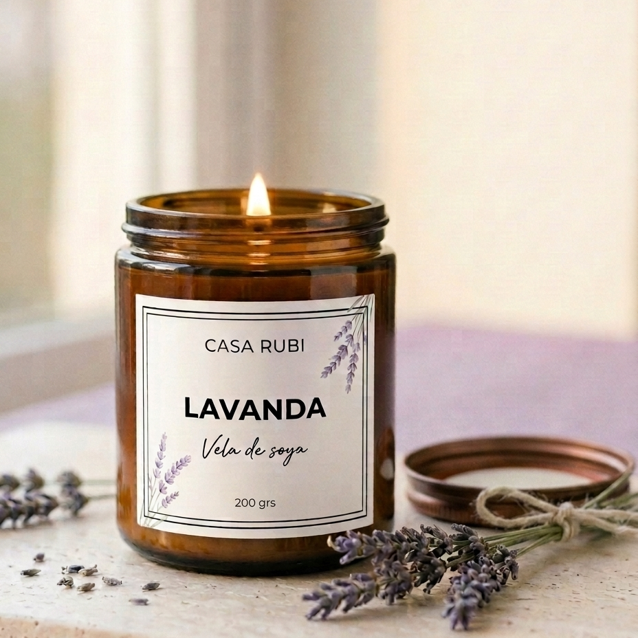 Vela aromática de soya Casa Rubí Lavanda — frasco ámbar con tapa negra mate, hecha a mano en México