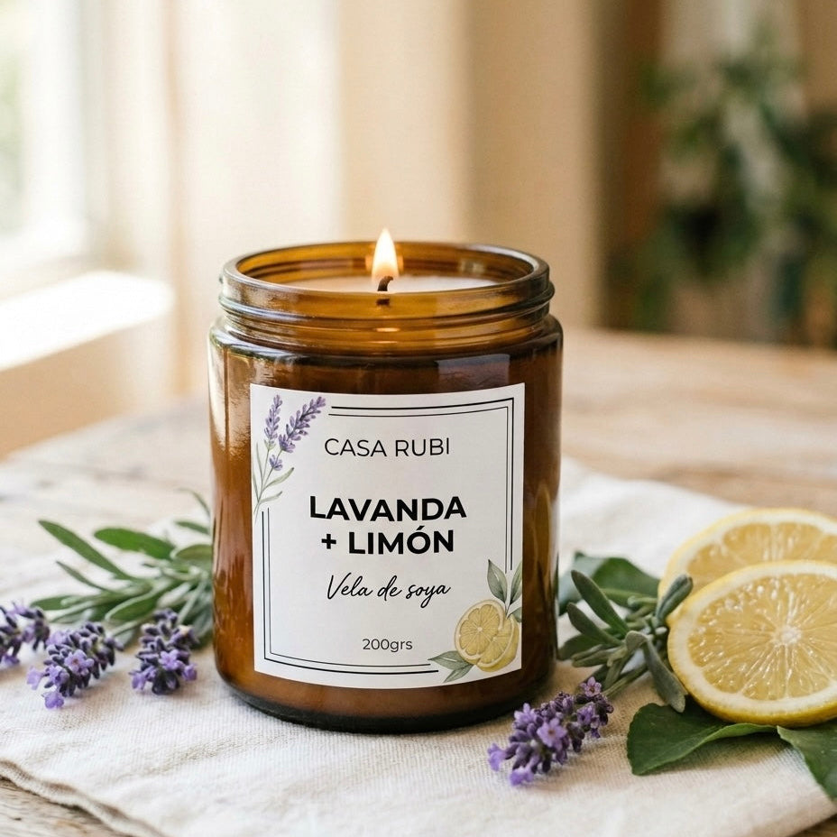 Vela aromática de soya Casa Rubí Lavanda y Limón — frasco ámbar con tapa negra mate, hecha a mano en México