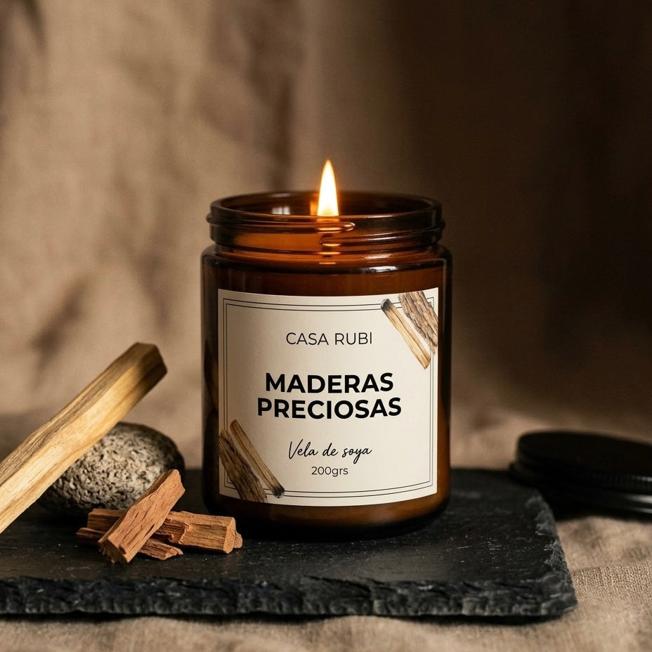 Vela aromática de soya Casa Rubí Maderas Preciosas — frasco ámbar con tapa negra mate, hecha a mano en México