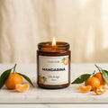 Vela aromática de soya Casa Rubí Mandarina — frasco ámbar con tapa negra mate, hecha a mano en México