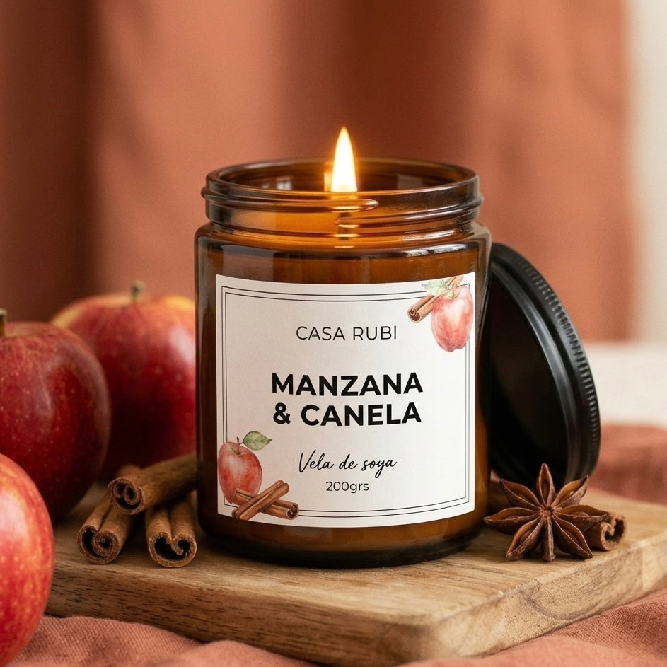 Vela aromática de soya Casa Rubí Manzana y Canela — frasco ámbar con tapa negra mate, hecha a mano en México