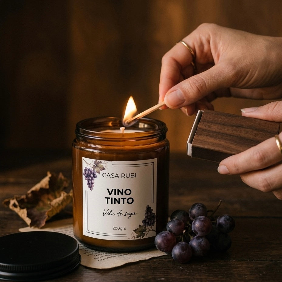 Vela aromática de soya Casa Rubí Vino Tinto — frasco ámbar con tapa negra mate, hecha a mano en México