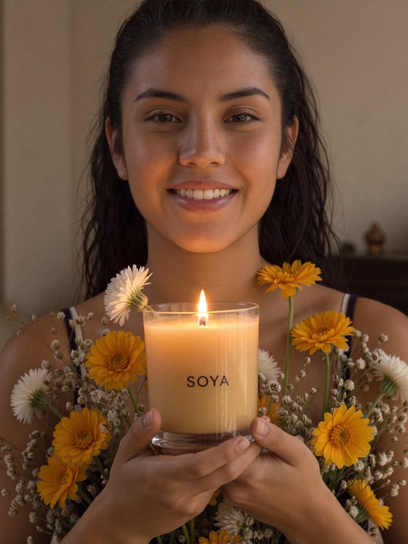 Mujer sosteniendo una vela de soya personalizada Casa Rubí de Día de Muertos